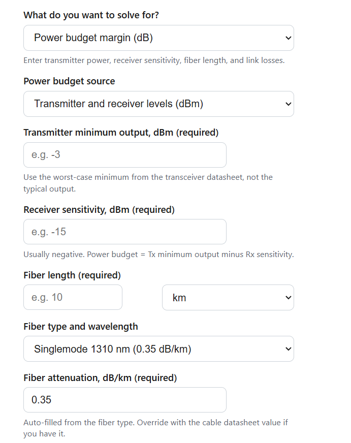 Fiber Optic Power Budget Margin Calculator