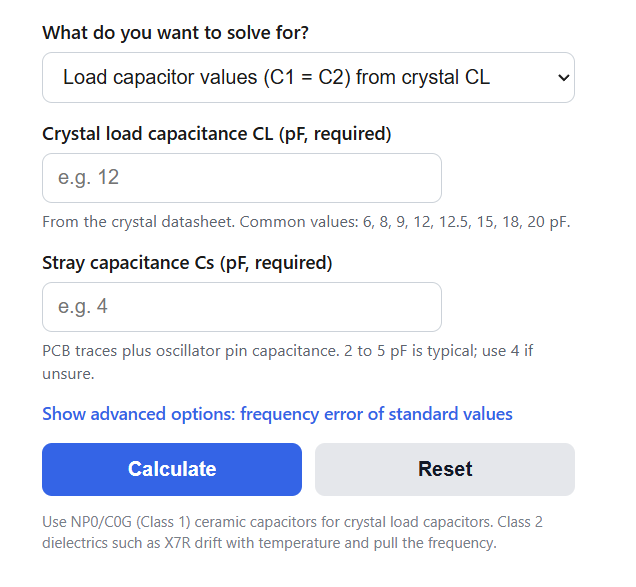 Crystal Oscillator Load Capacitance Calculator