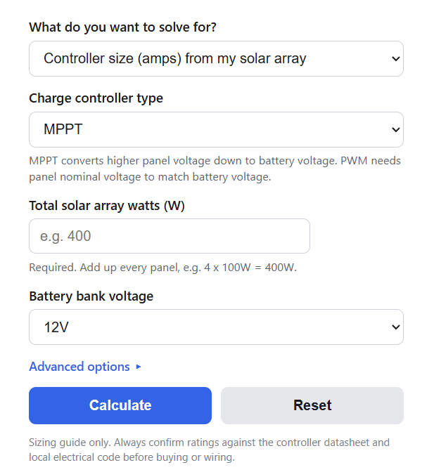 Solar Charge Controller Size Calculator
