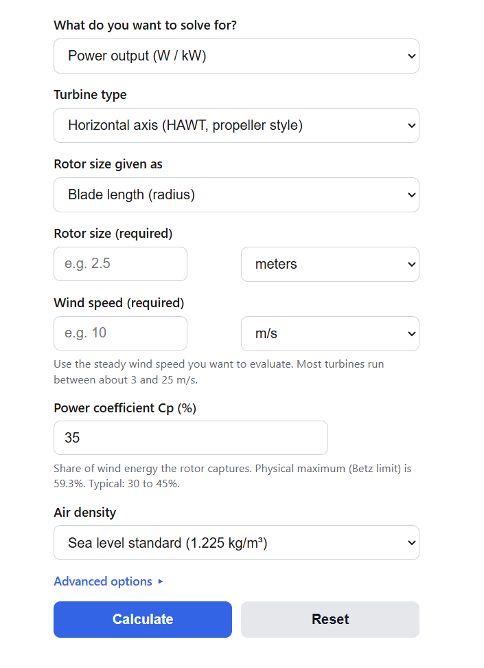 Wind Turbine Power Output Calculator