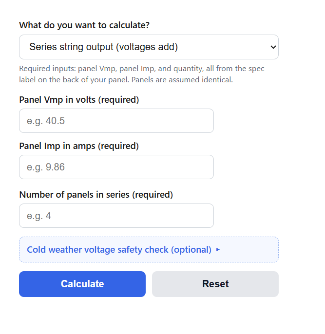 Solar Panel Series and Parallel Array Calculator