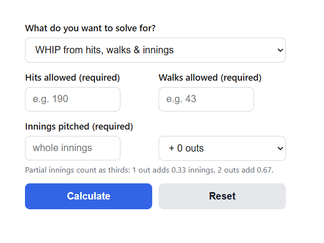 WHIP Calculator (Walks + Hits per Inning)