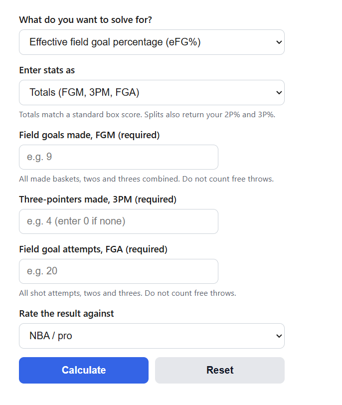 Effective Field Goal Percentage Calculator
