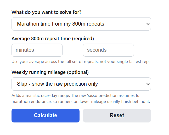 Yasso 800 Marathon Predictor Calculator