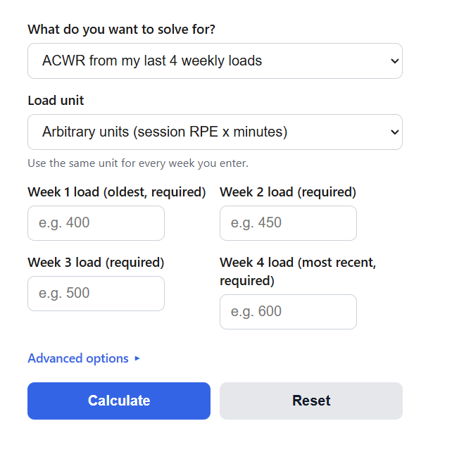 Acute:Chronic Workload Ratio (ACWR) Calculator
