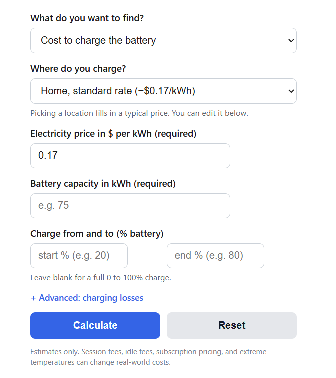 EV Charging Cost Calculator