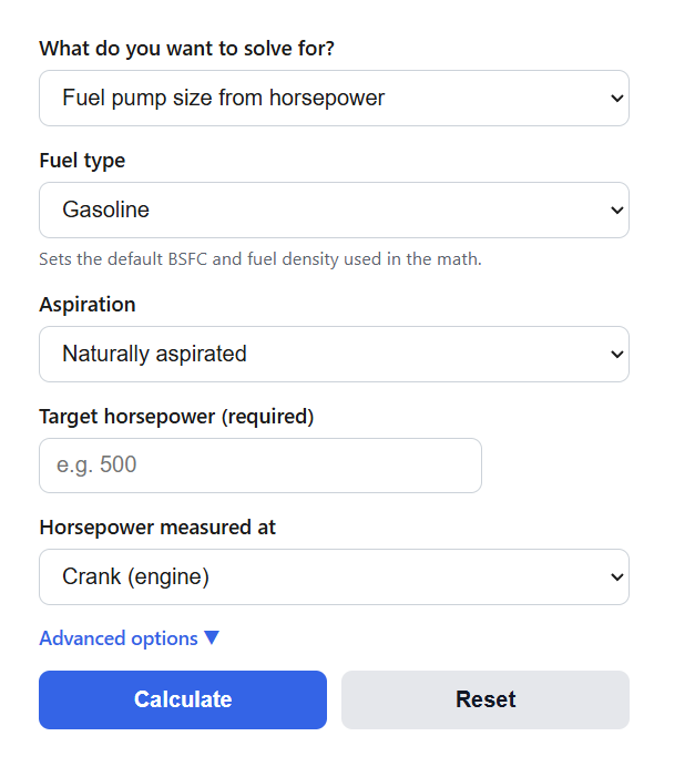 Fuel Pump Sizing Calculator