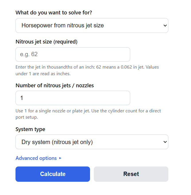 Nitrous Jet Horsepower Calculator
