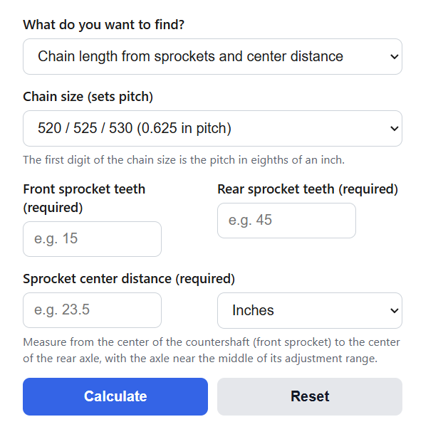 Motorcycle Chain Length Calculator