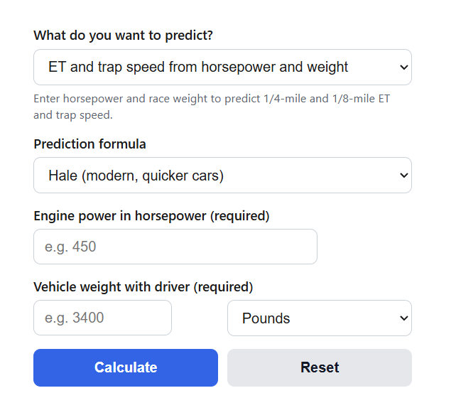 Drag Racing ET Predictor Calculator