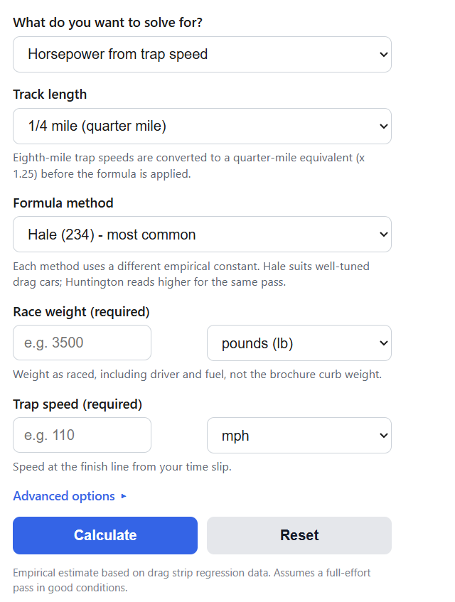 Horsepower from Trap Speed Calculator