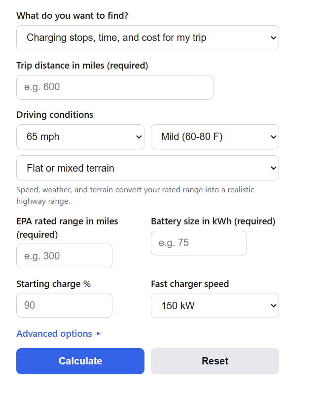 EV Road Trip Charging Stops Calculator