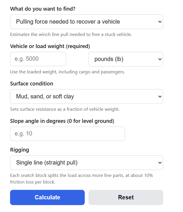 Winch Pulling Force Calculator
