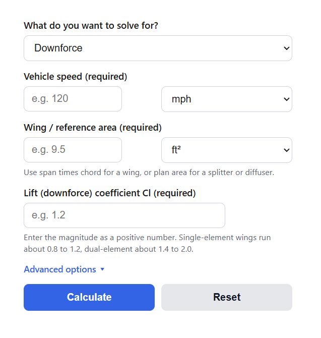 Aerodynamic Downforce Calculator