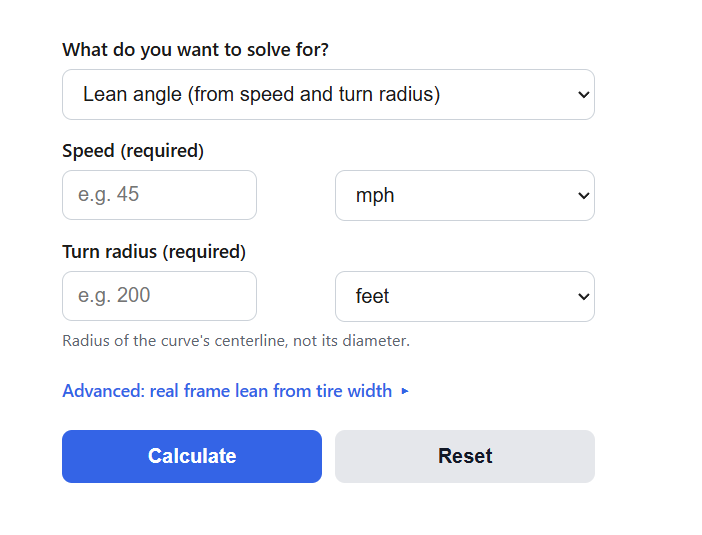 Motorcycle Lean Angle Calculator