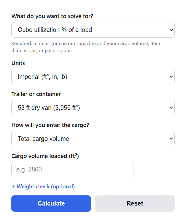 Truck Load Cube Utilization Calculator
