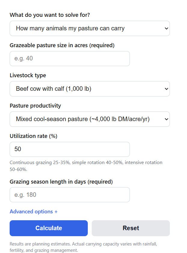 Pasture Stocking Rate Calculator