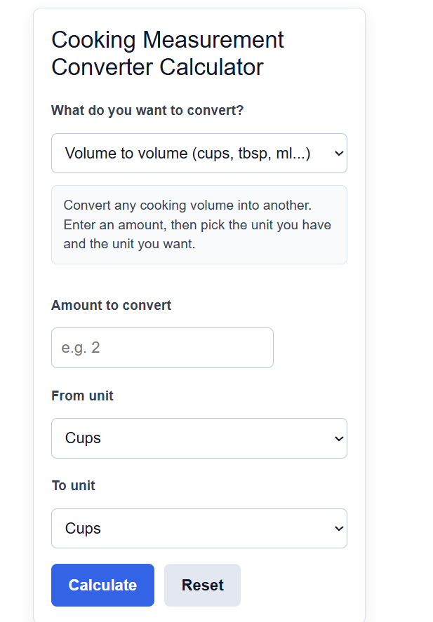 Cooking Measurement Converter Calculator