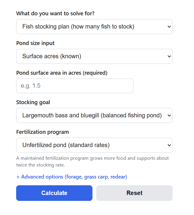 Farm Pond Fish Stocking Calculator