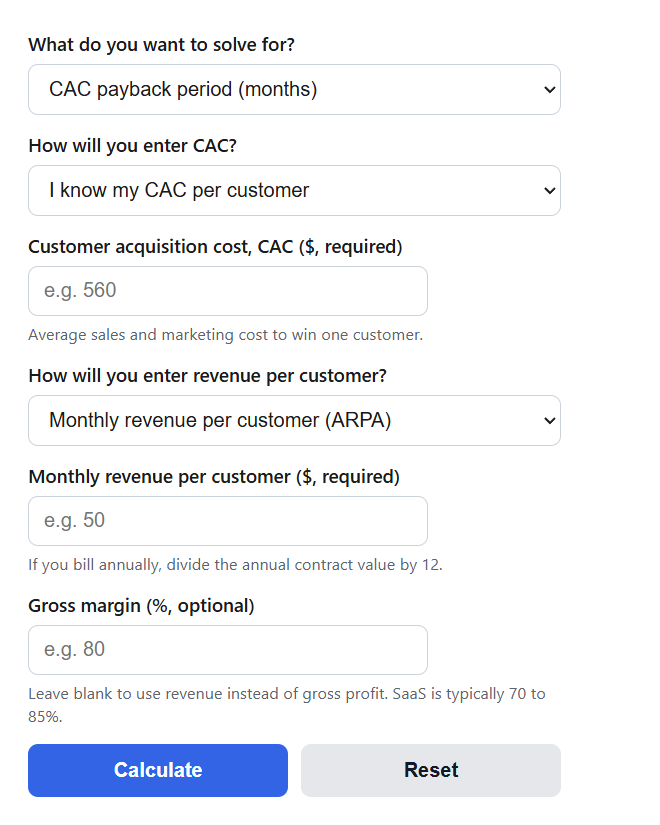 CAC Payback Period Calculator