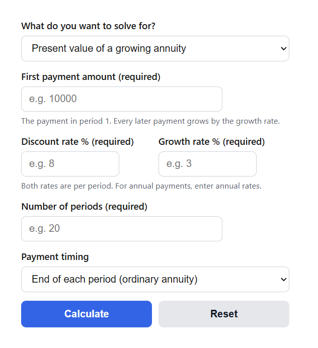 Growing Annuity Present Value Calculator