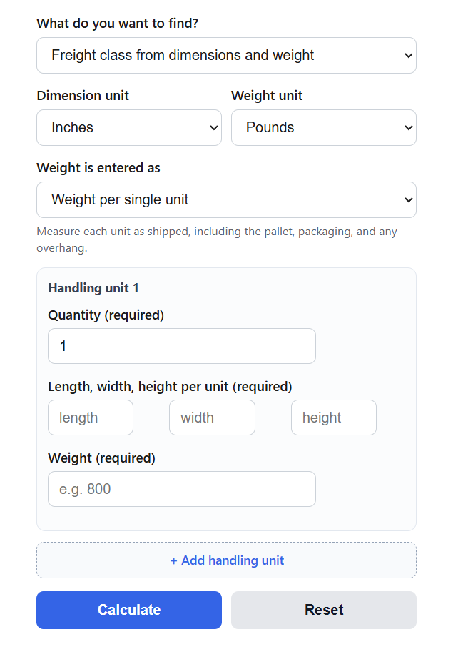 Freight Class Density Calculator