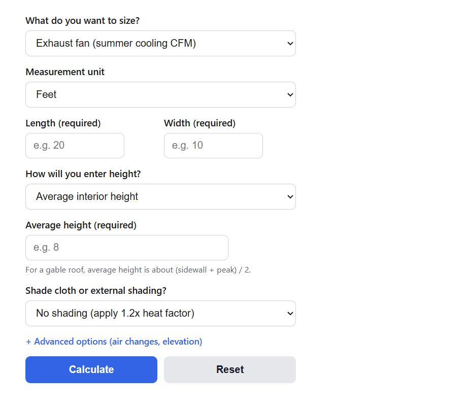 Greenhouse Fan Sizing Calculator