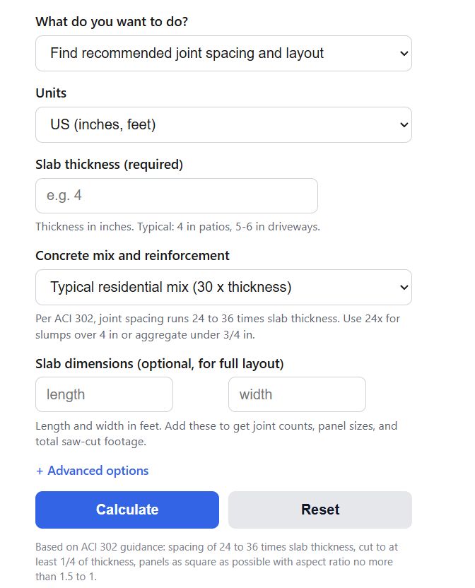 Concrete Control Joint Spacing Calculator