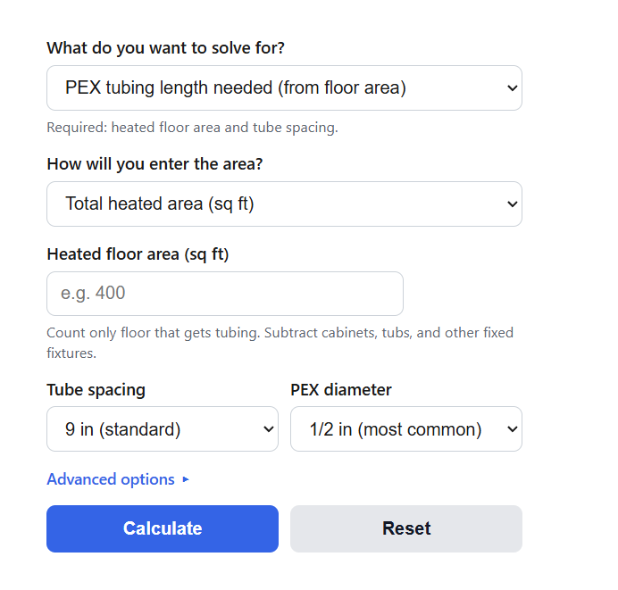 Radiant Floor PEX Length Calculator