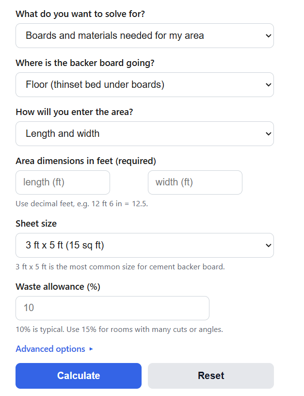 Cement Backer Board Calculator