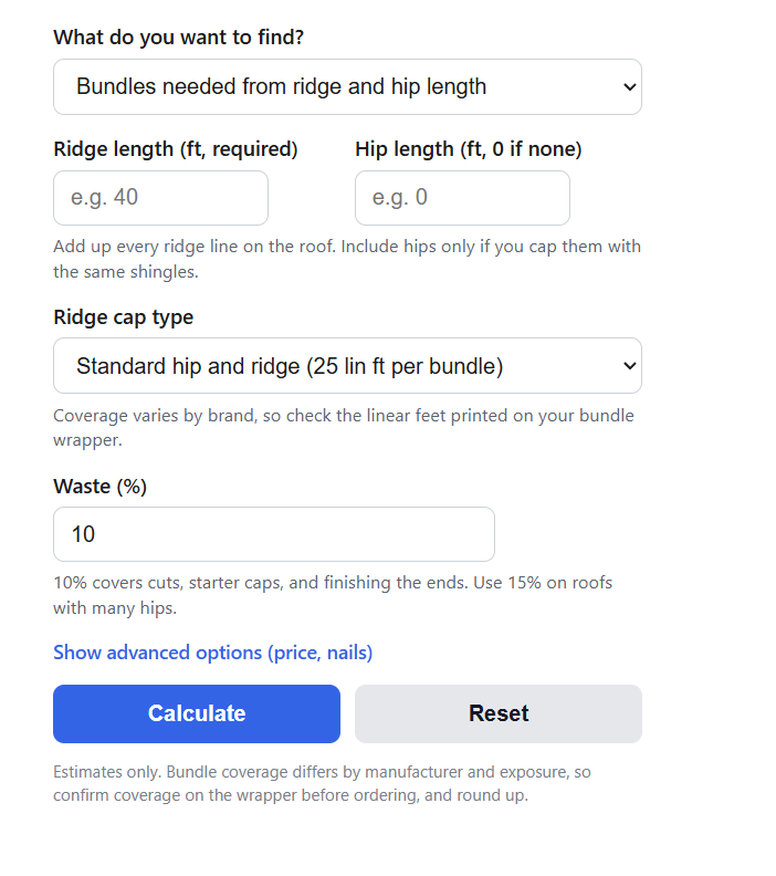 Ridge Cap Shingle Calculator