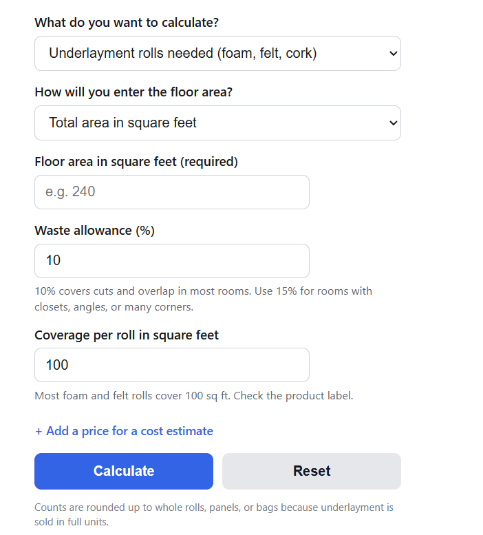 Floor Underlayment Calculator