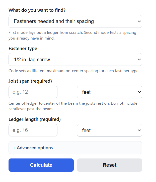 Deck Ledger Fastener Spacing Calculator