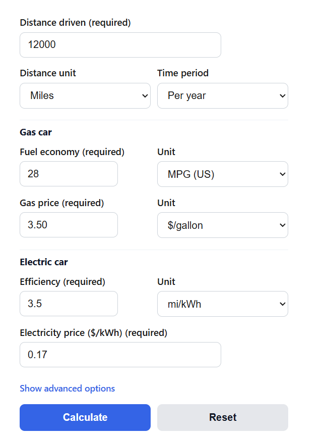Gas vs Electric Car Cost Calculator