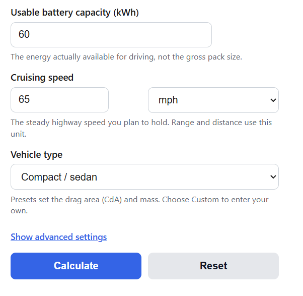 EV Range at Speed Calculator