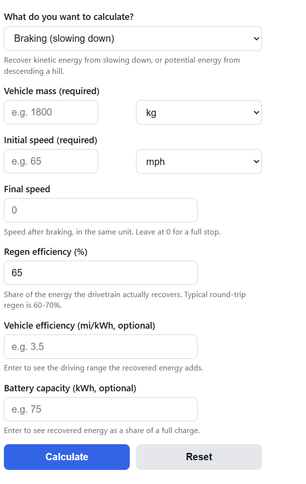 Regenerative Braking Energy Calculator