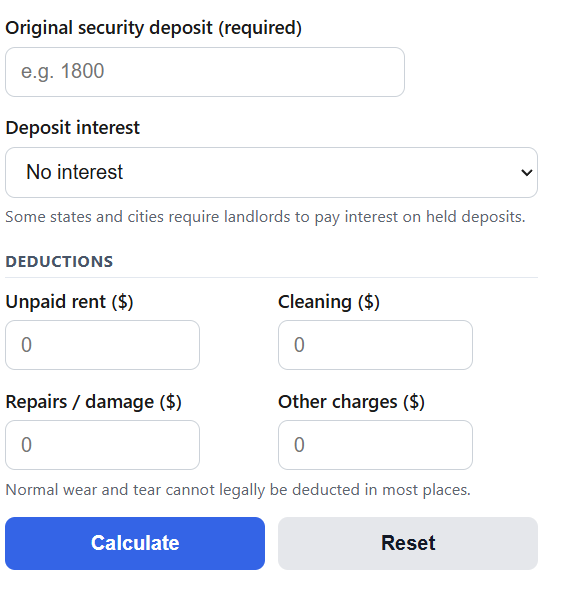 Security Deposit Return Calculator