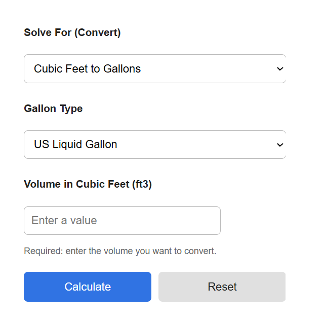 Cubic Feet To Gallons Converter Calculator