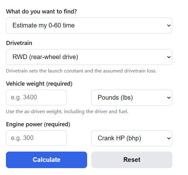 0-60 Time Calculator
