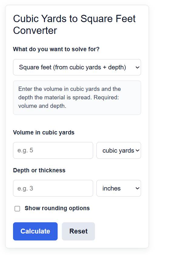 Cubic Yards To Square Feet Converter Calculator