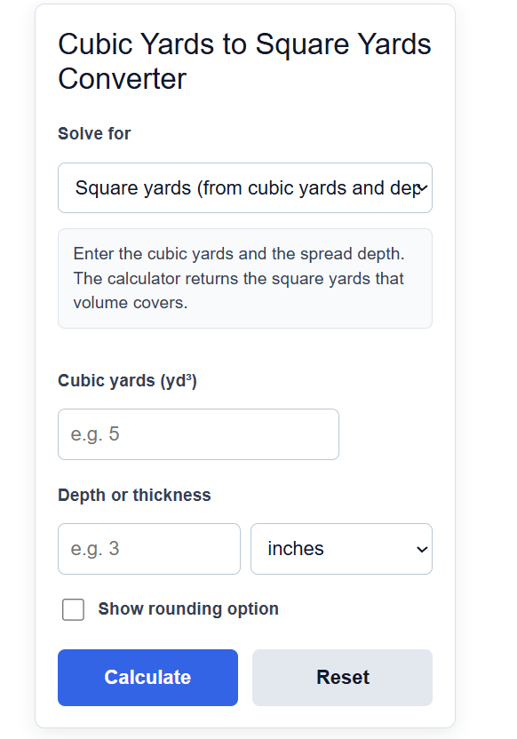 Cubic Yards To Square Yards Converter Calculator