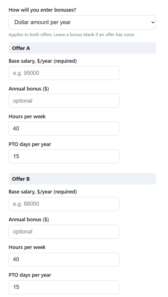 Job Offer Comparison Calculator