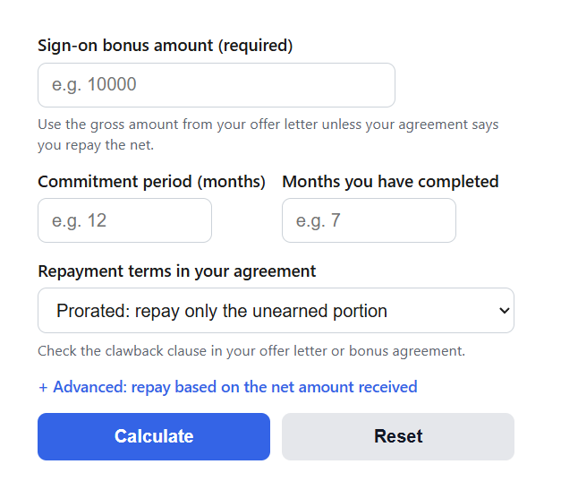Sign-On Bonus Payback Calculator