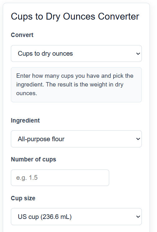 Cups To Dry Ounces Converter Calculator