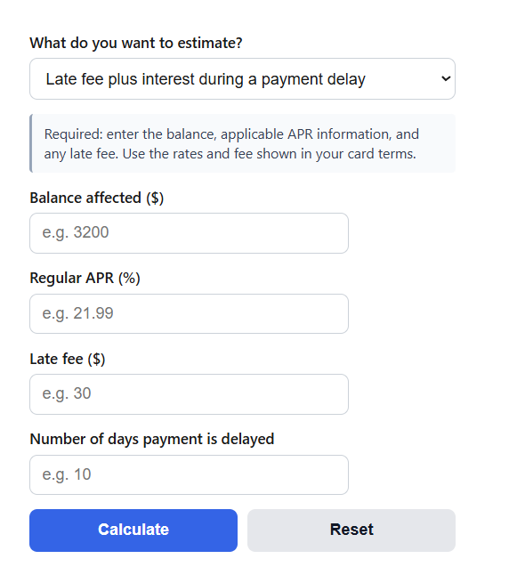 Credit Card Late Payment Cost Calculator