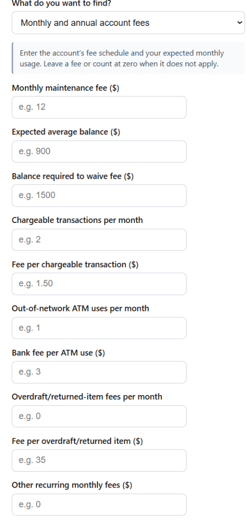 Bank Account Fee Calculator