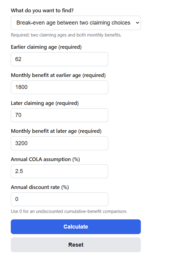 Social Security Break-Even Calculator