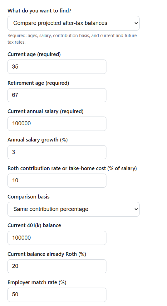 Roth vs Traditional 401(k) Calculator