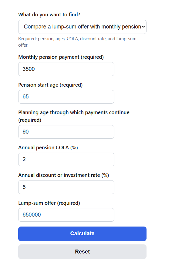 Pension Lump Sum vs Monthly Payment Calculator