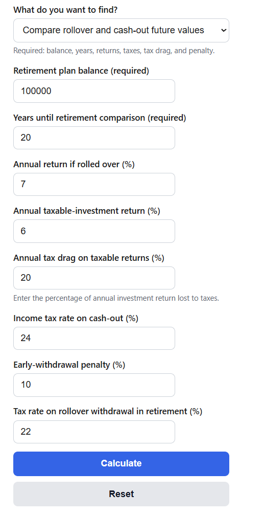 IRA Rollover vs Cash-Out Calculator